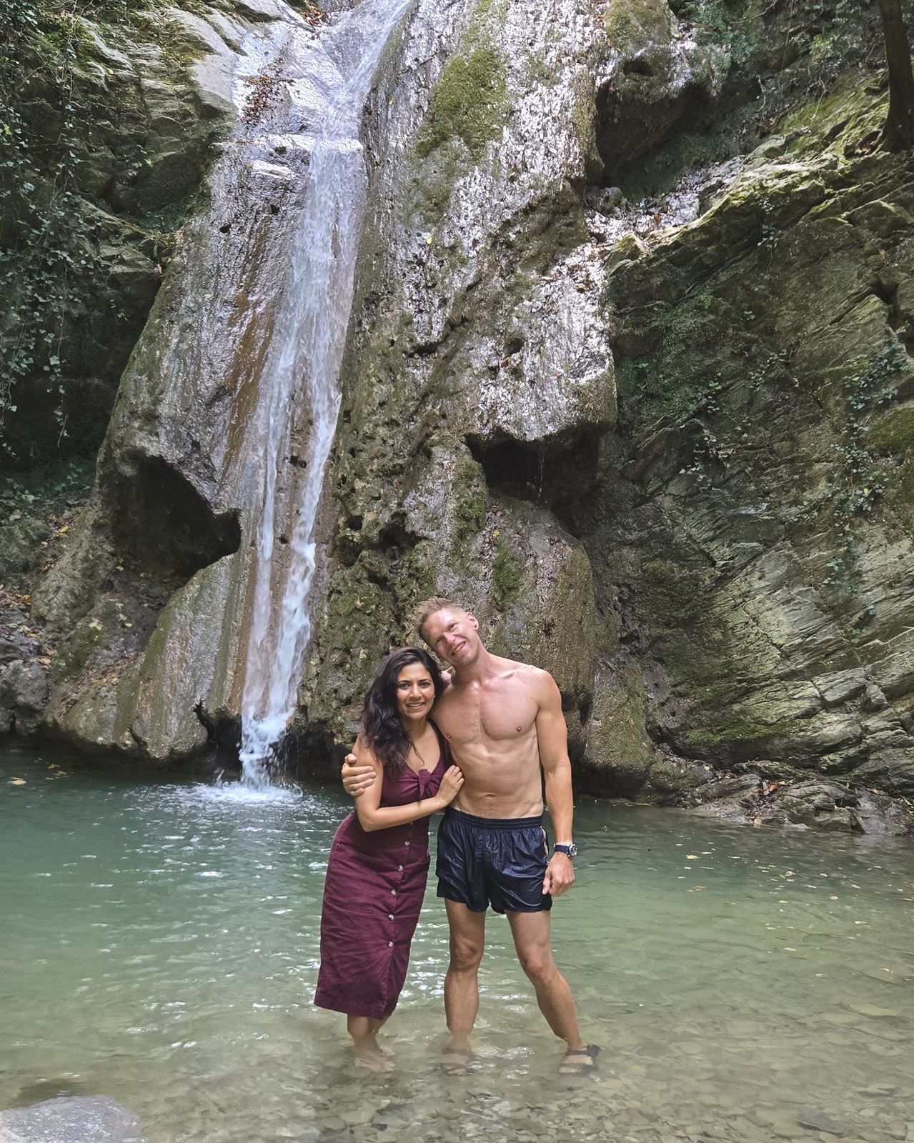 Matt and Dipti at a waterfall
